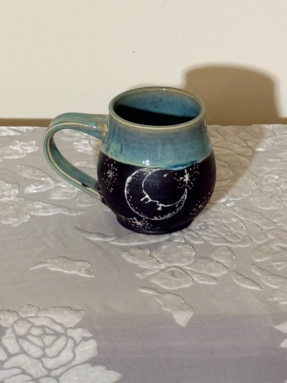 Pitch Pine Pottery Handmade Celestial Moon Mug in Teal and Black